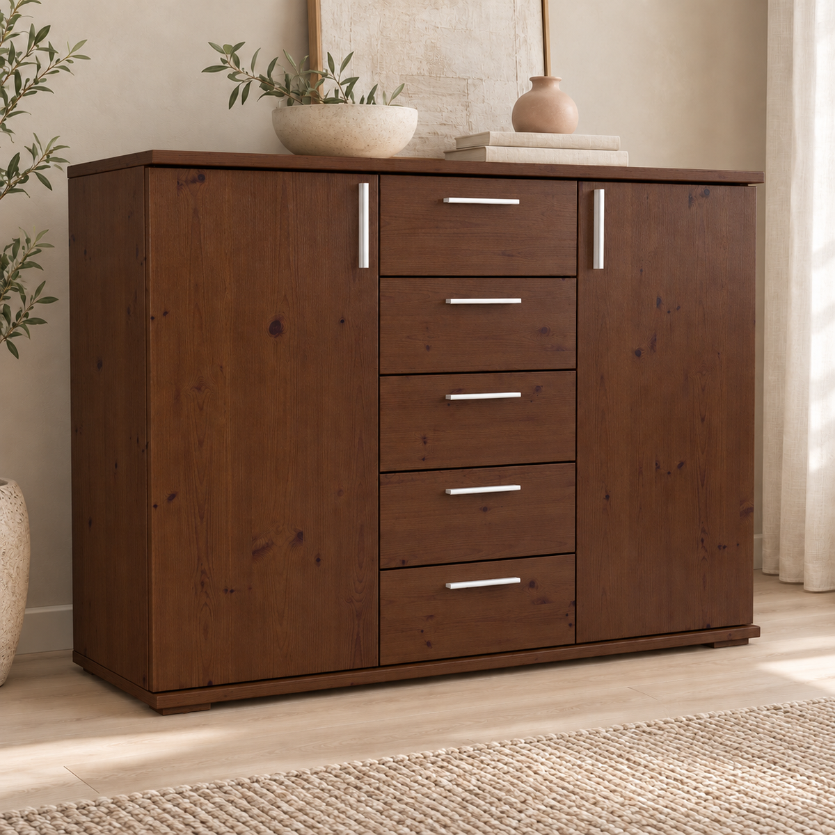 Nobis Kommode Bio Kiefer Massivholz 120-er | 5-Schubladen Sideboard | 2-Türig Anrichte