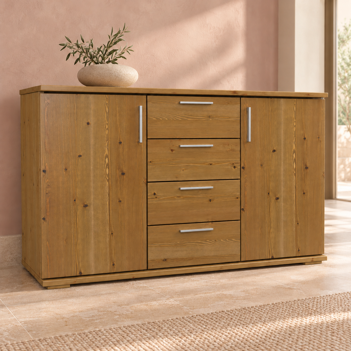 Nobis Kommode aus Massivholz | Sideboard mit 4 Schubladen und 2 Türen | 100% Bio Kiefer Massivholz