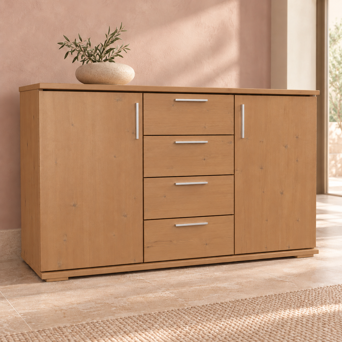 Nobis Kommode aus Massivholz | Sideboard mit 4 Schubladen und 2 Türen | 100% Bio Kiefer Massivholz