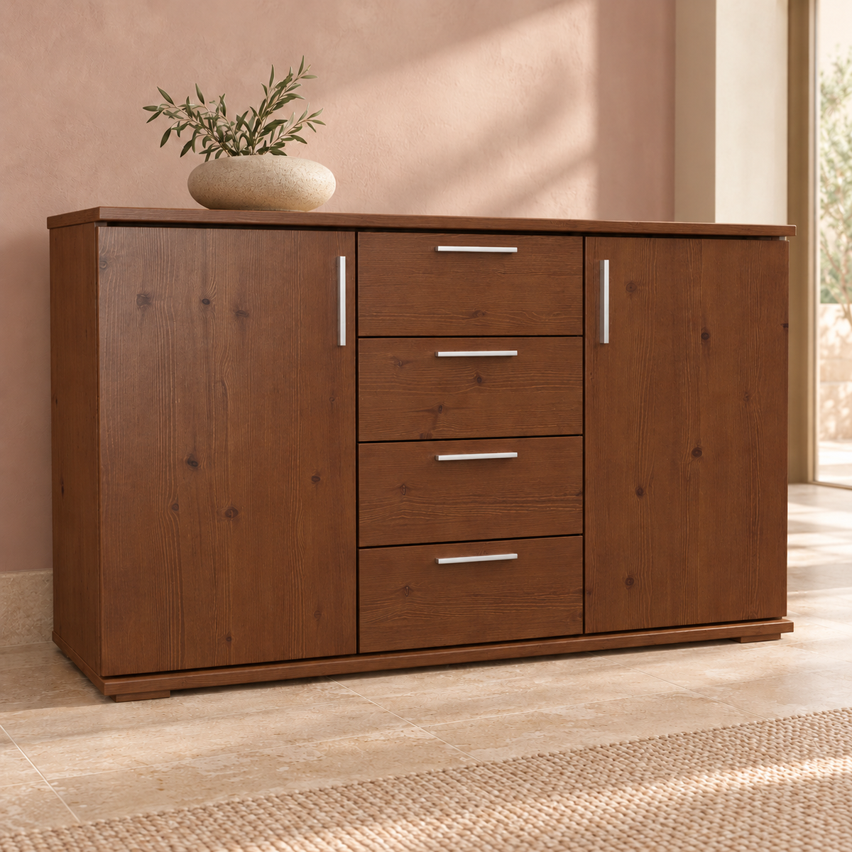 Nobis Kommode aus Massivholz | Sideboard mit 4 Schubladen und 2 Türen | 100% Bio Kiefer Massivholz