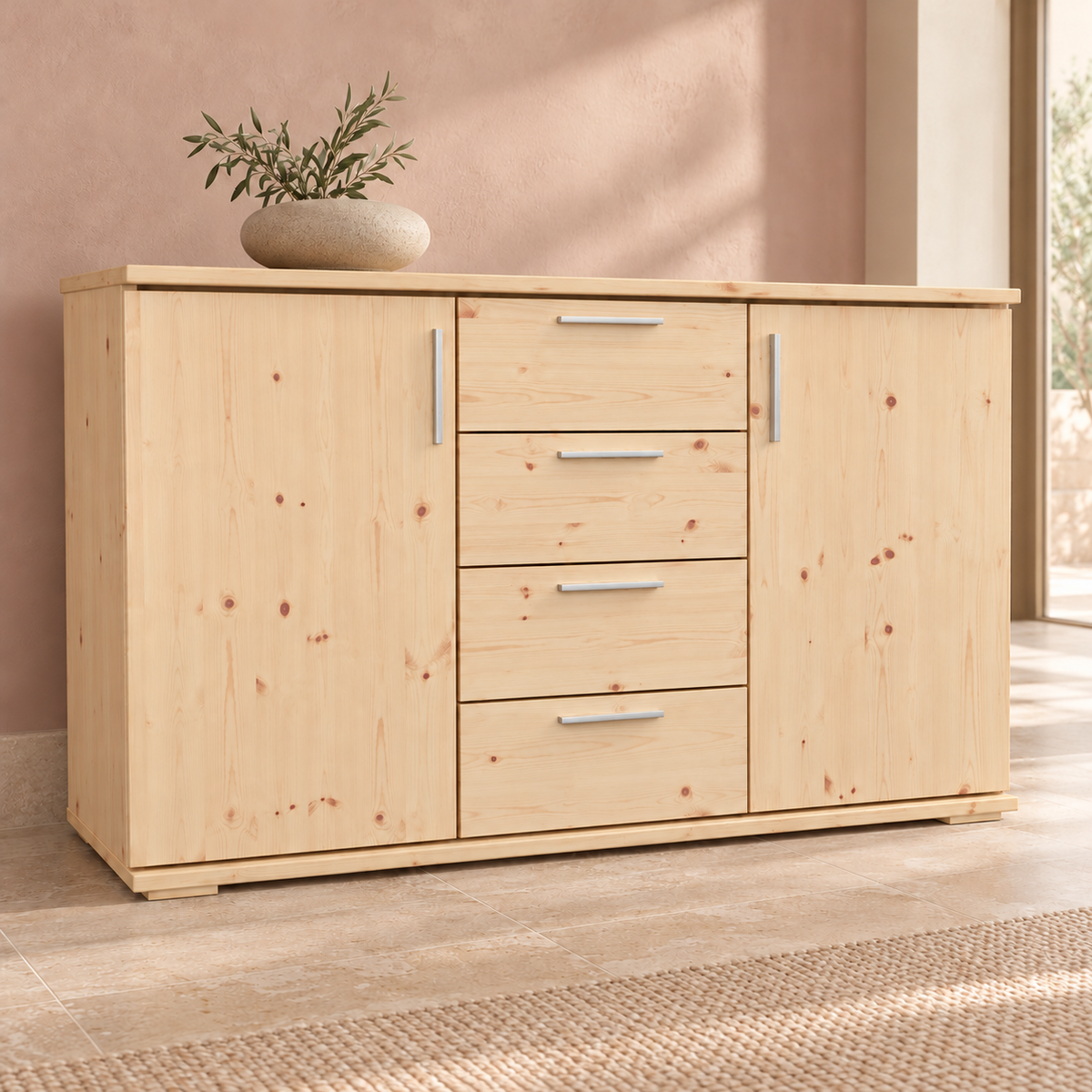 Nobis Kommode aus Massivholz | Sideboard mit 4 Schubladen und 2 Türen | 100% Bio Kiefer Massivholz