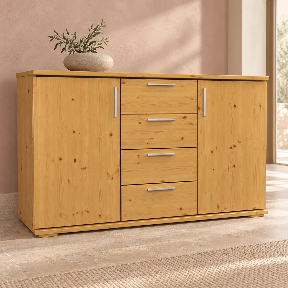 Nobis Kommode aus Massivholz | Sideboard mit 4 Schubladen und 2 Türen | 100% Bio Kiefer Massivholz