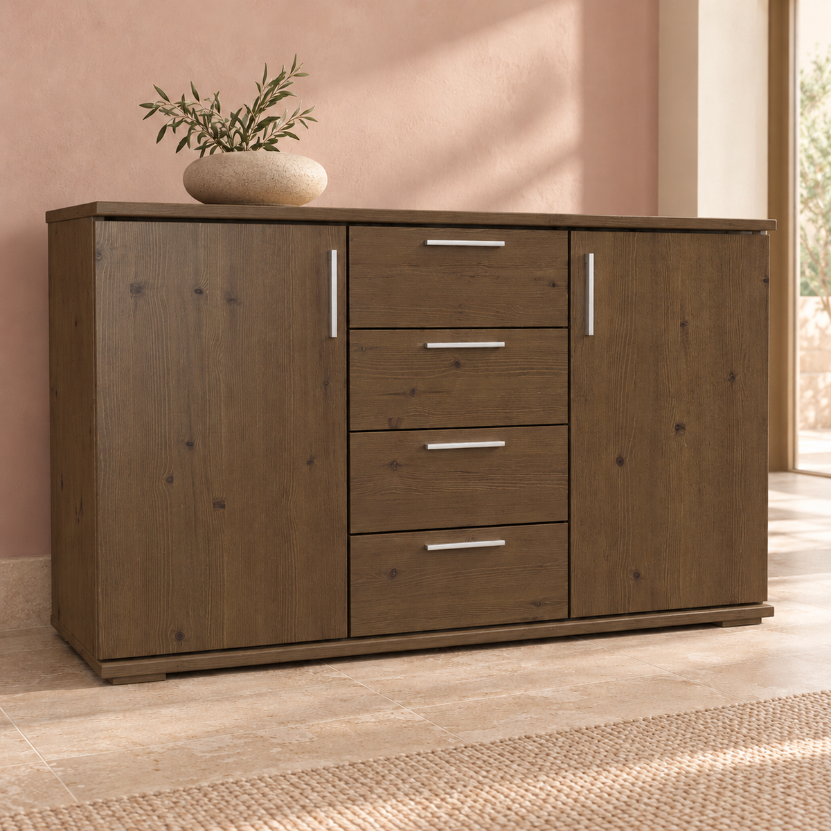 Nobis Kommode aus Massivholz | Sideboard mit 4 Schubladen und 2 Türen | 100% Bio Kiefer Massivholz