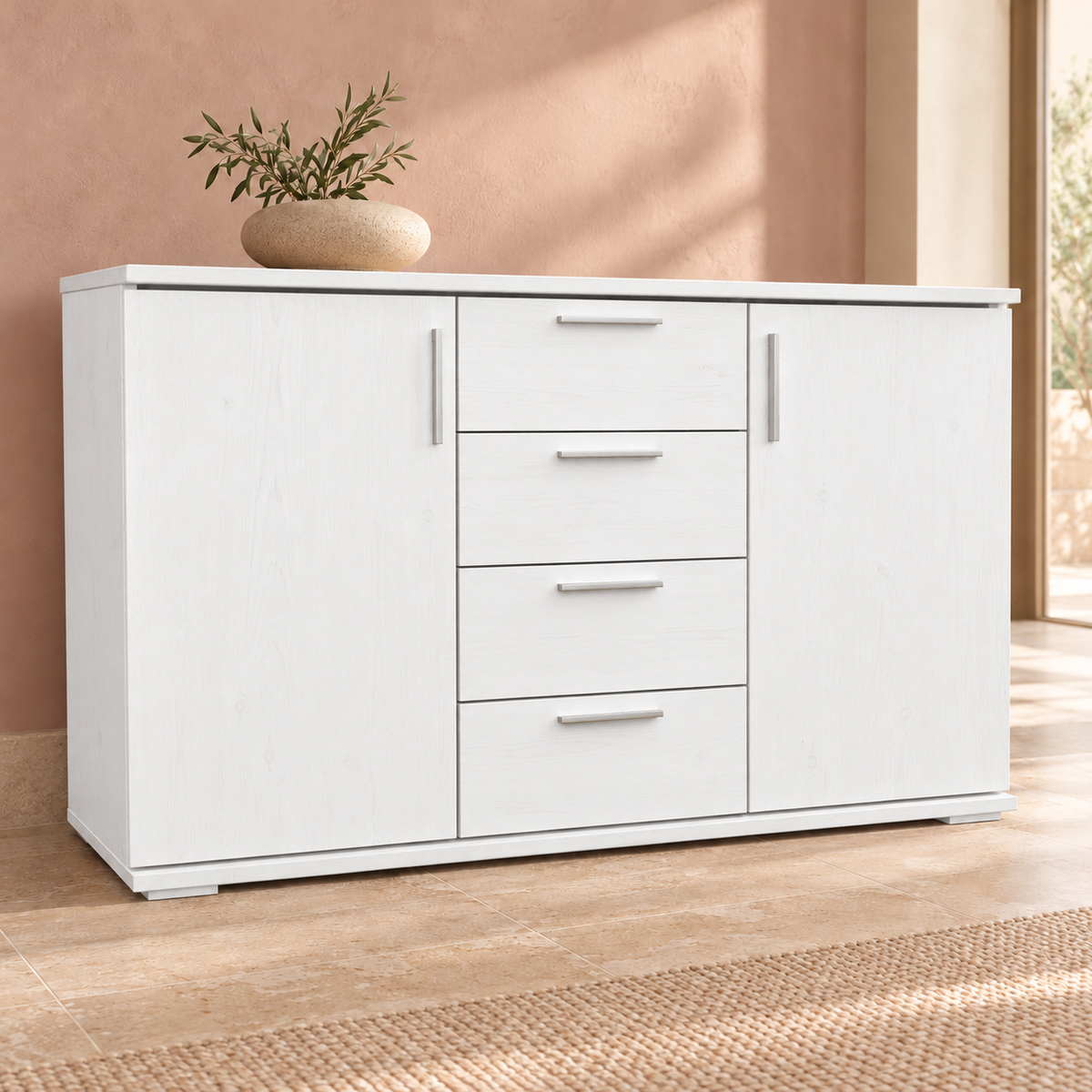 Nobis Kommode aus Massivholz | Sideboard mit 4 Schubladen und 2 Türen | 100% Bio Kiefer Massivholz