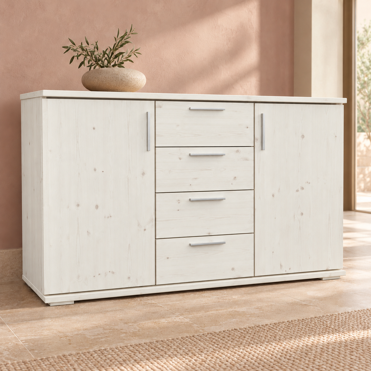 Nobis Kommode aus Massivholz | Sideboard mit 4 Schubladen und 2 Türen | 100% Bio Kiefer Massivholz