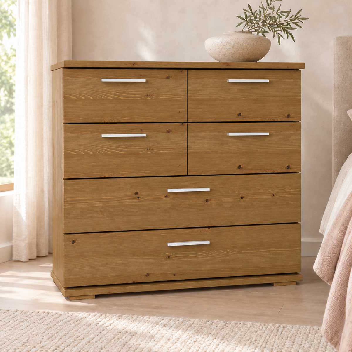 Nobis Kommode Bio Kiefer Massivholz | Sideboard mit 4 kleinen und 2 großen Schubladen | Anrichte aus 100% Bio Kiefer