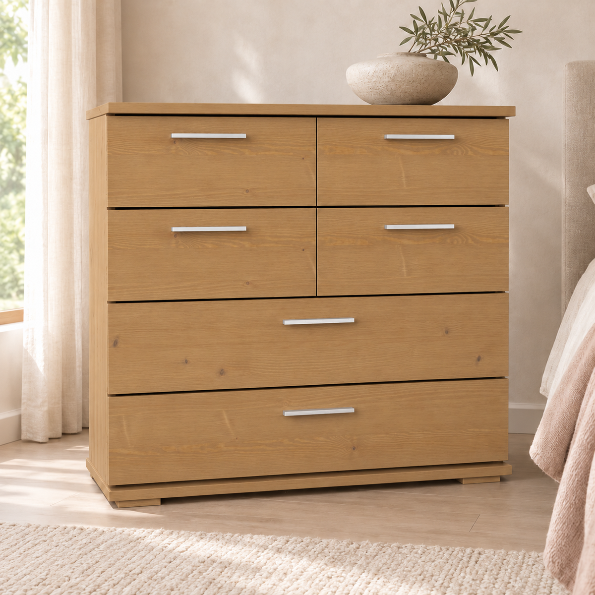 Nobis Kommode Bio Kiefer Massivholz | Sideboard mit 4 kleinen und 2 großen Schubladen | Anrichte aus 100% Bio Kiefer
