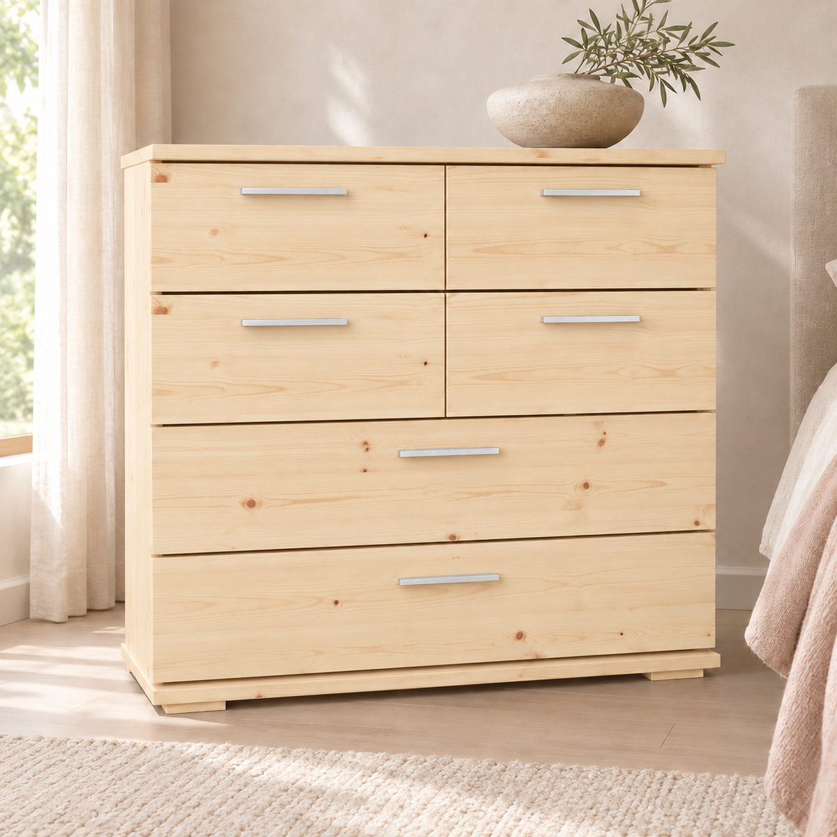 Nobis Kommode Bio Kiefer Massivholz | Sideboard mit 4 kleinen und 2 großen Schubladen | Anrichte aus 100% Bio Kiefer