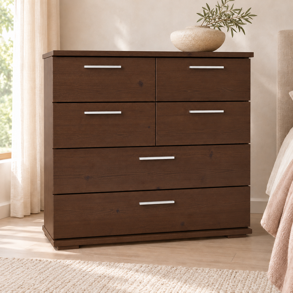 Nobis Kommode Bio Kiefer Massivholz | Sideboard mit 4 kleinen und 2 großen Schubladen | Anrichte aus 100% Bio Kiefer
