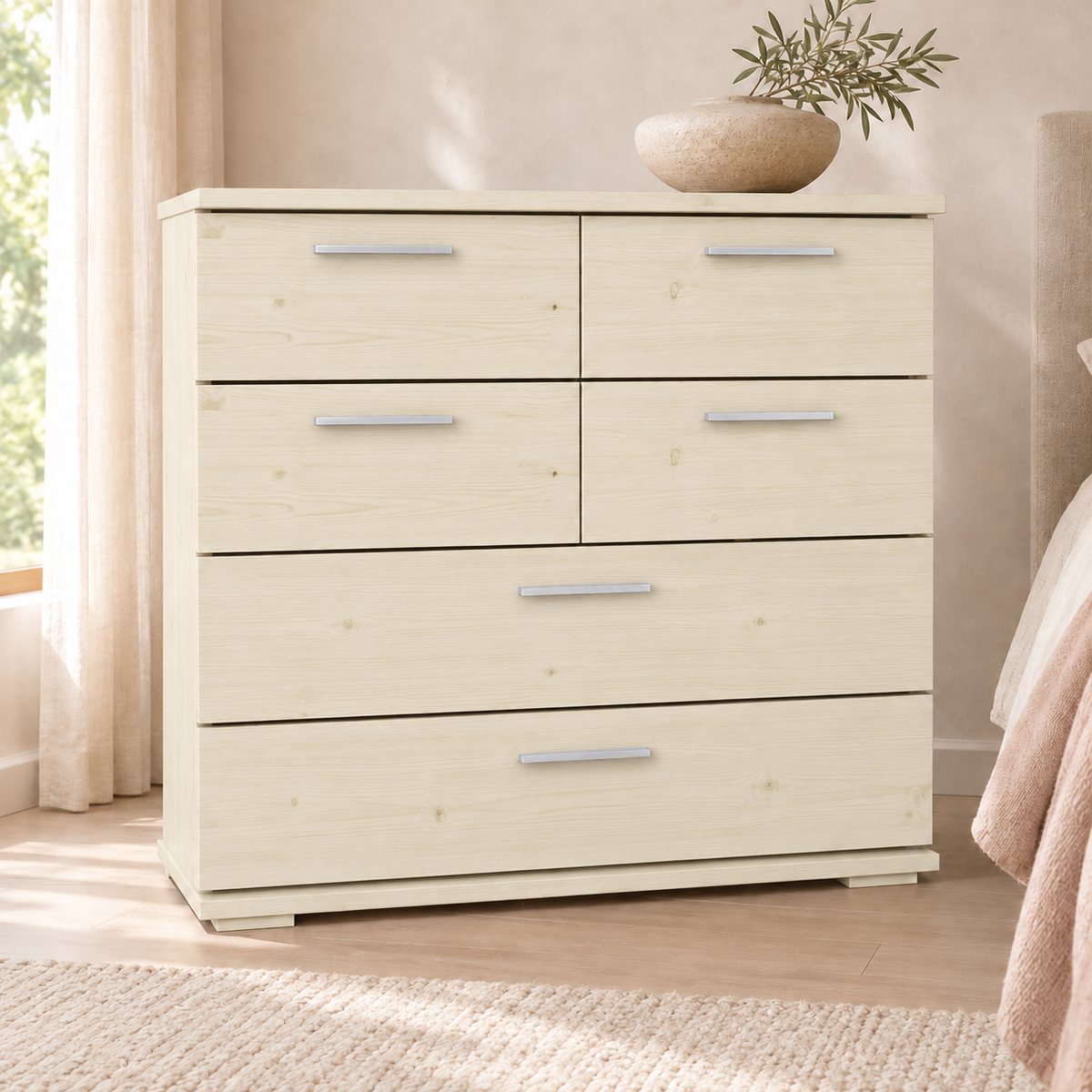 Nobis Kommode Bio Kiefer Massivholz | Sideboard mit 4 kleinen und 2 großen Schubladen | Anrichte aus 100% Bio Kiefer