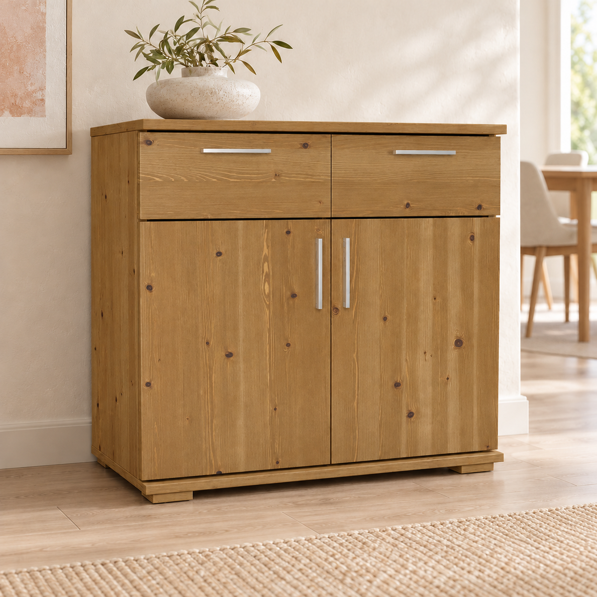 Nobis Kommode Massivholz aus 100% Bio Kiefer | 2-Türig mit 2 Schubladen für stilvolles Wohnen
