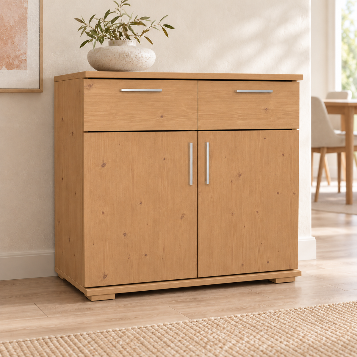 Nobis Kommode Massivholz aus 100% Bio Kiefer | 2-Türig mit 2 Schubladen für stilvolles Wohnen