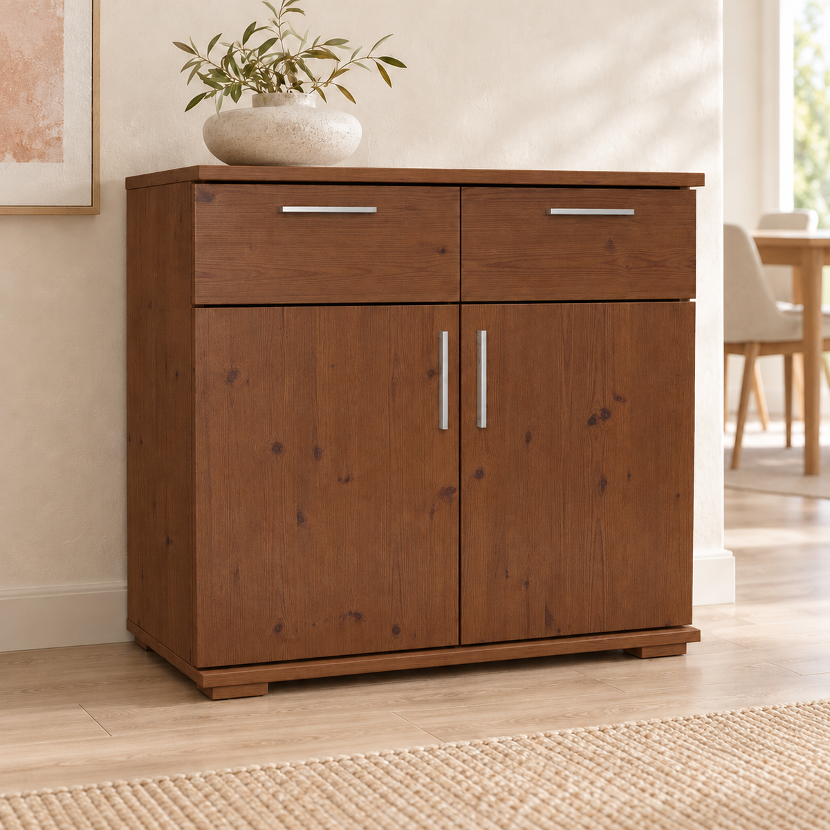 Nobis Kommode Massivholz aus 100% Bio Kiefer | 2-Türig mit 2 Schubladen für stilvolles Wohnen