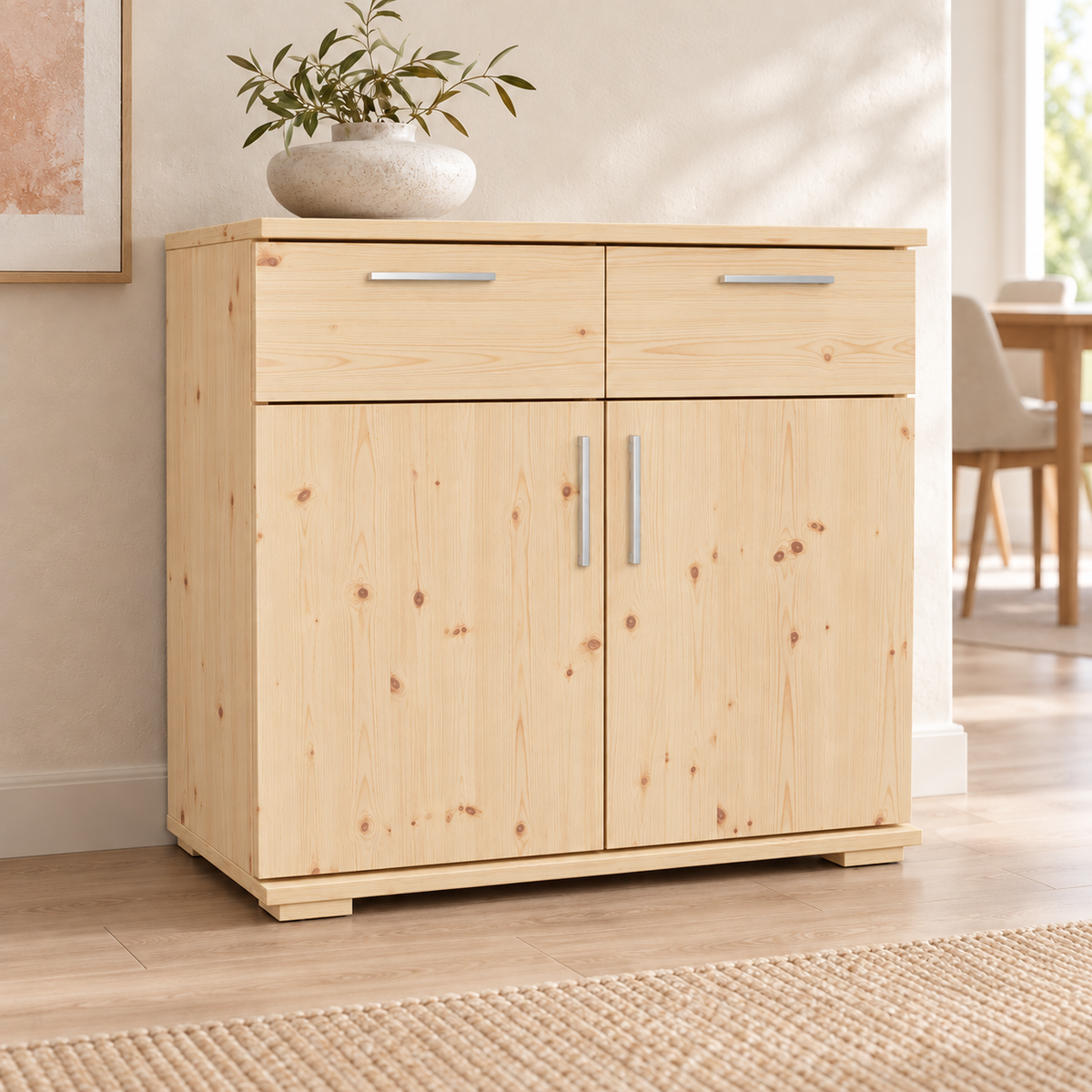 Nobis Kommode Massivholz aus 100% Bio Kiefer | 2-Türig mit 2 Schubladen für stilvolles Wohnen
