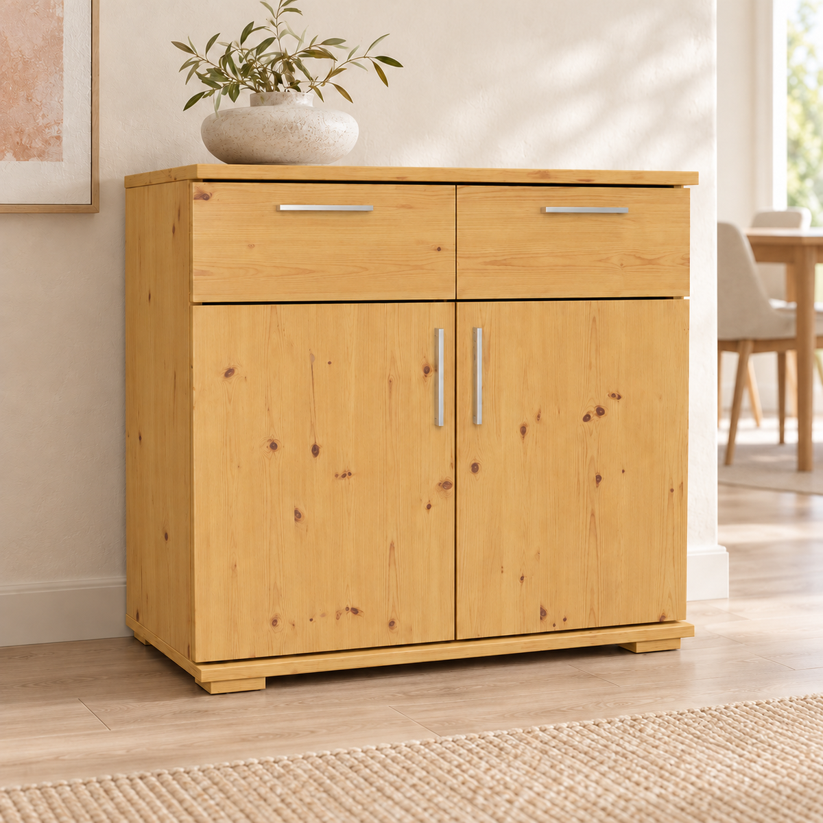 Nobis Kommode Massivholz aus 100% Bio Kiefer | 2-Türig mit 2 Schubladen für stilvolles Wohnen