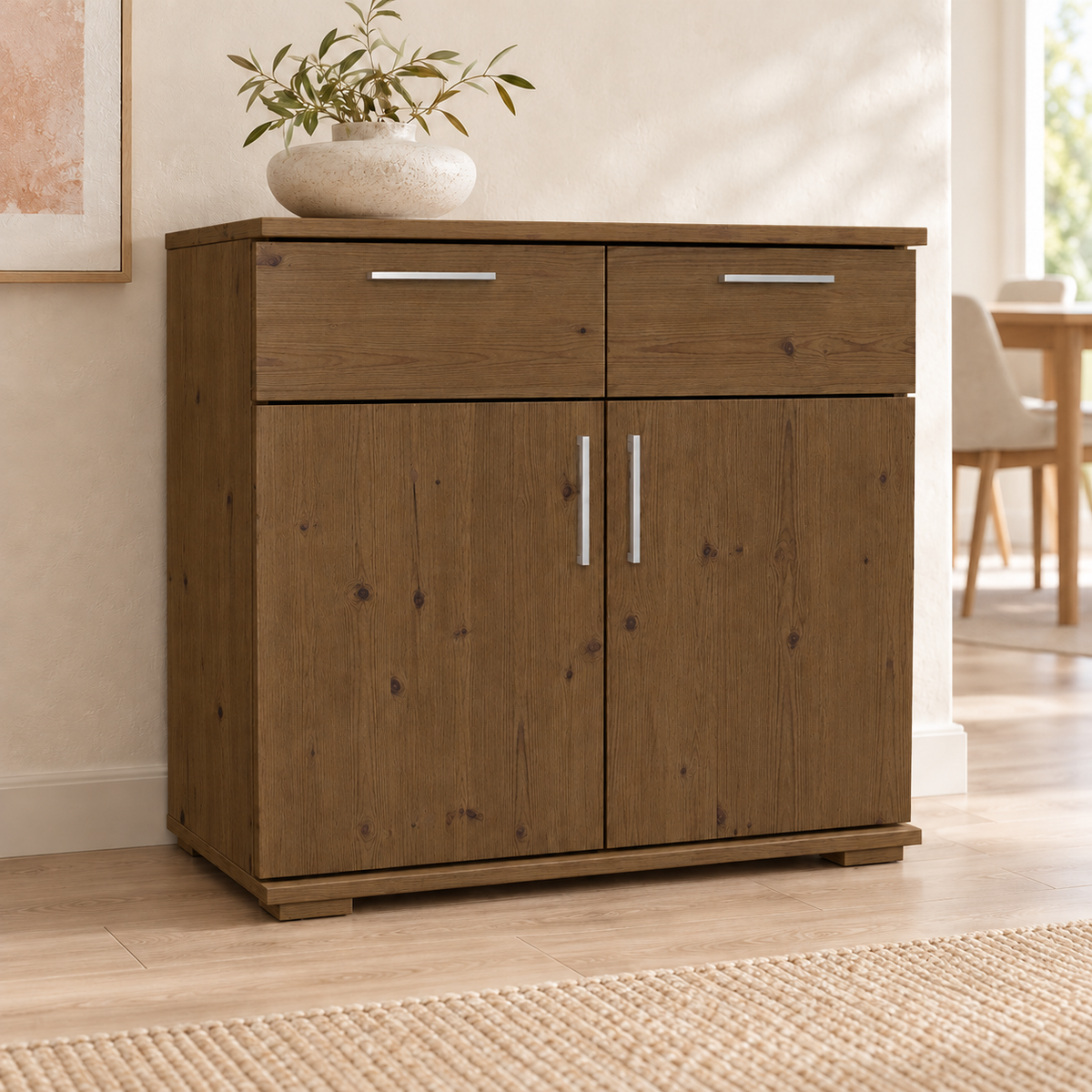 Nobis Kommode Massivholz aus 100% Bio Kiefer | 2-Türig mit 2 Schubladen für stilvolles Wohnen