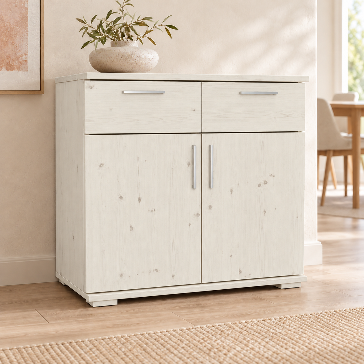 Nobis Kommode Massivholz aus 100% Bio Kiefer | 2-Türig mit 2 Schubladen für stilvolles Wohnen