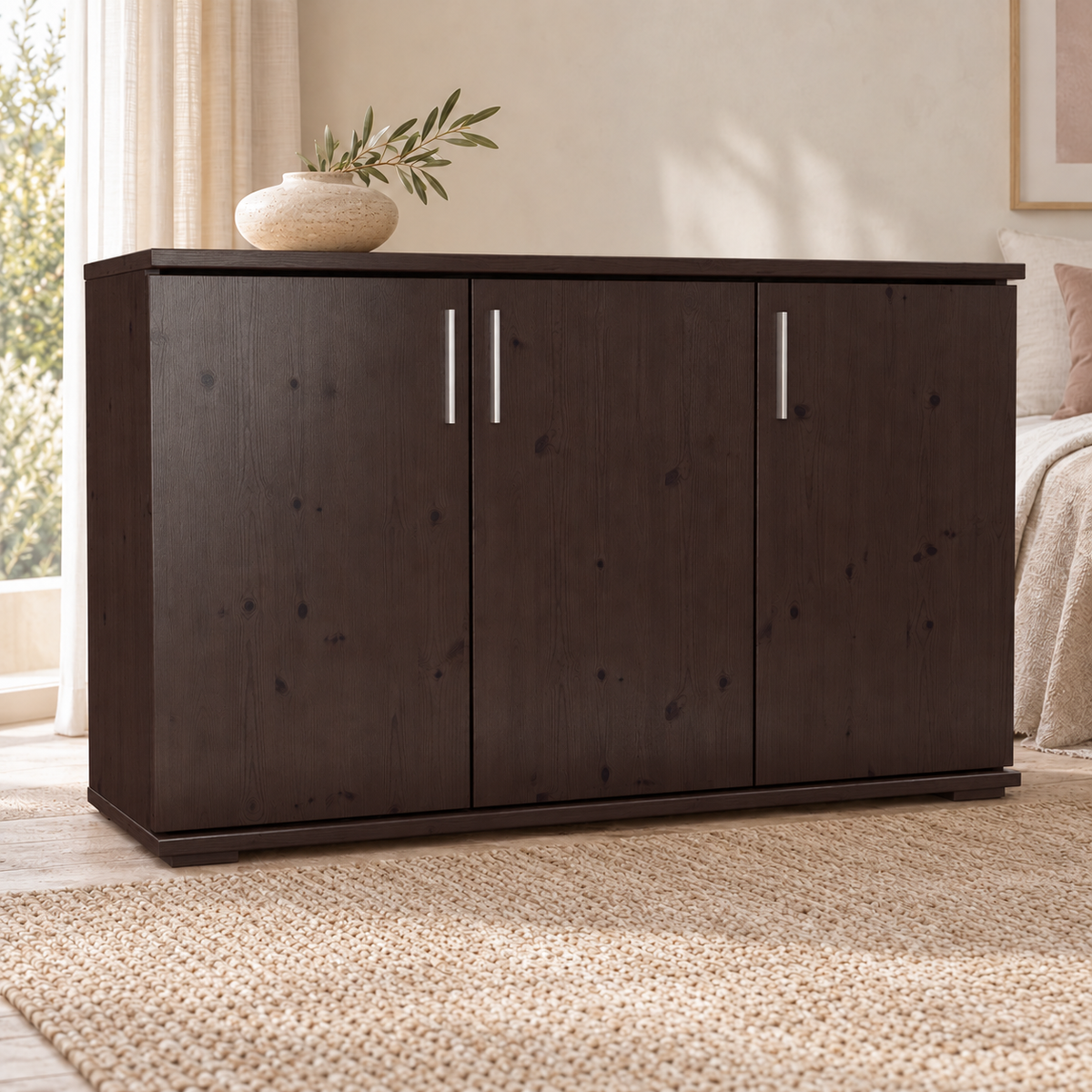 Nobis Kommode Bio Kiefer Massivholz | 3-Türig Sideboard mit Regalböden aus 100% Bio Kiefer