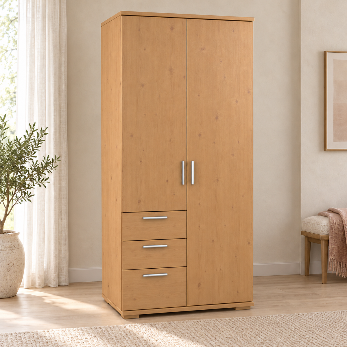 Nobis Kleiderschrank Bio Kiefer Massivholz | 2-türig mit Kleiderstange & 3 Schubladen