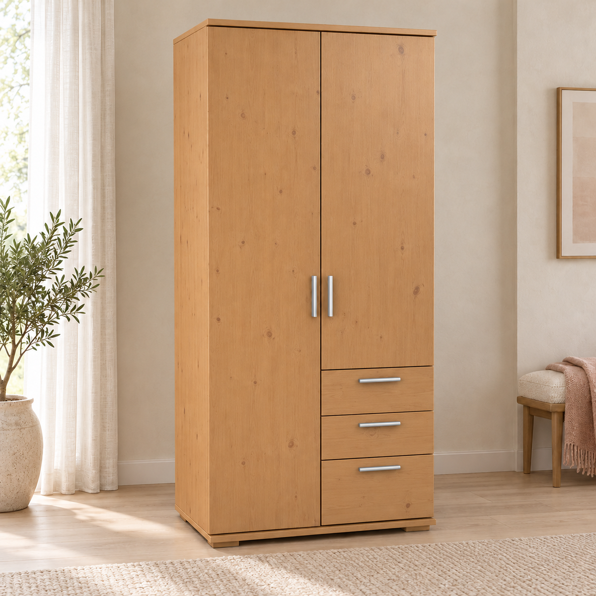 Nobis Kleiderschrank Bio Kiefer Massivholz | 2-türig mit Kleiderstange & 3 Schubladen