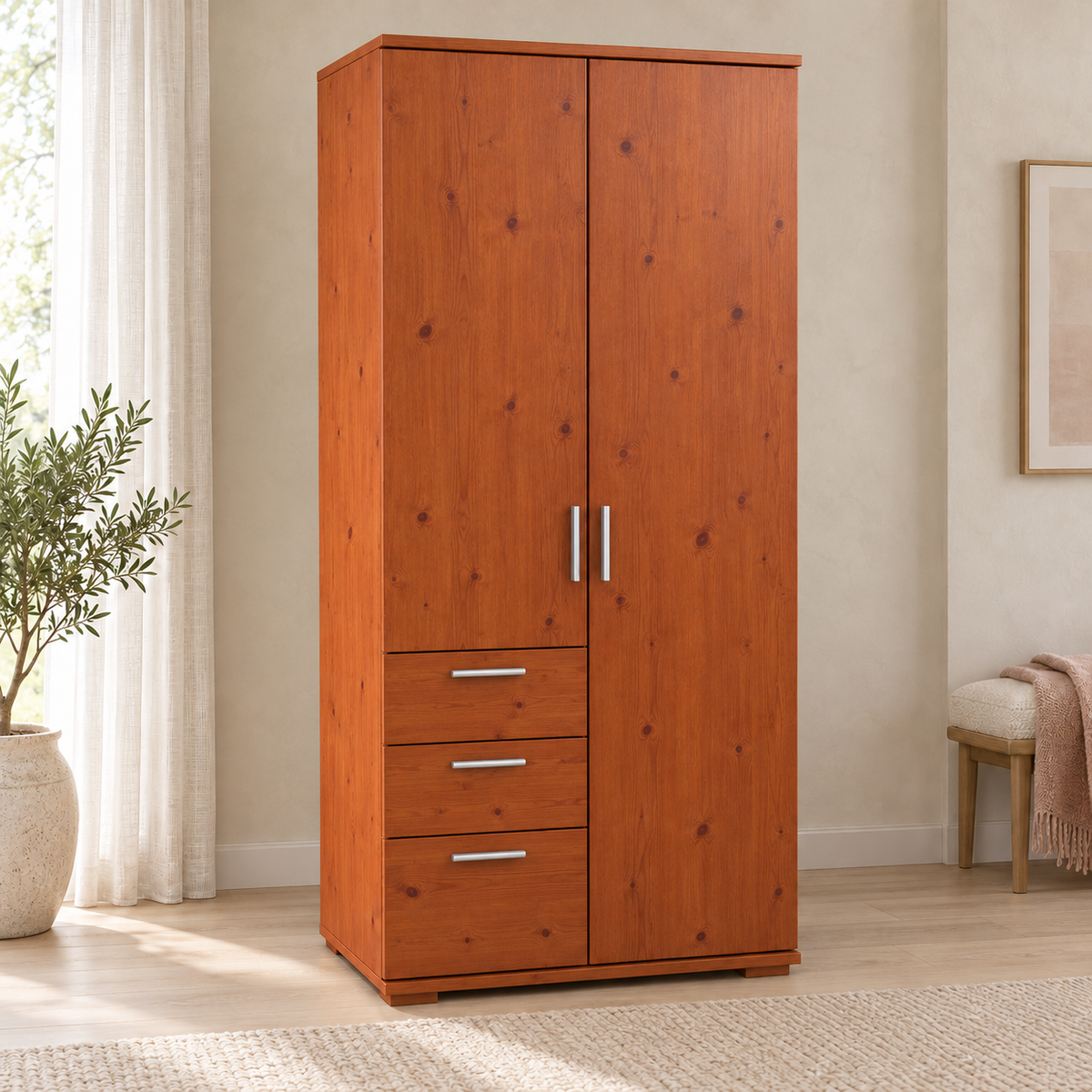 Nobis Kleiderschrank Bio Kiefer Massivholz | 2-türig mit Kleiderstange & 3 Schubladen