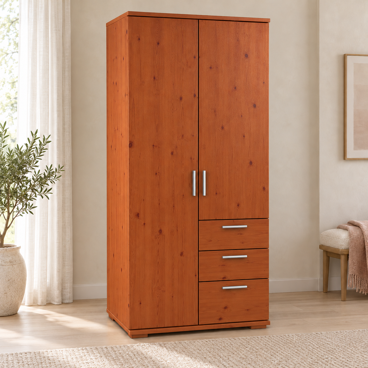 Nobis Kleiderschrank Bio Kiefer Massivholz | 2-türig mit Kleiderstange & 3 Schubladen