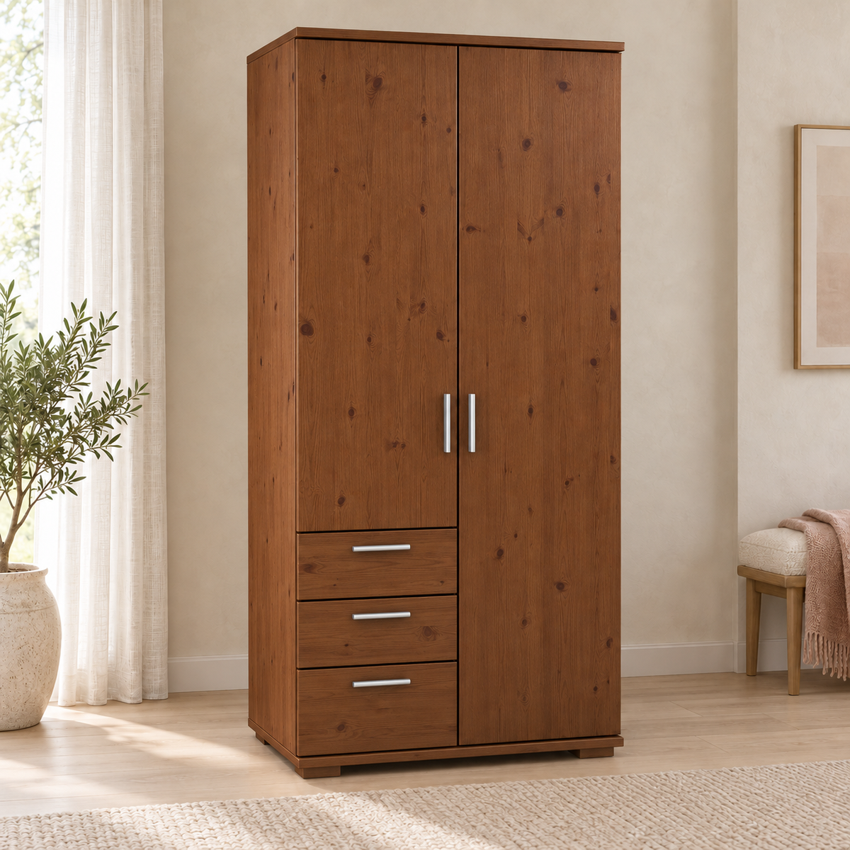 Nobis Kleiderschrank Bio Kiefer Massivholz | 2-türig mit Kleiderstange & 3 Schubladen