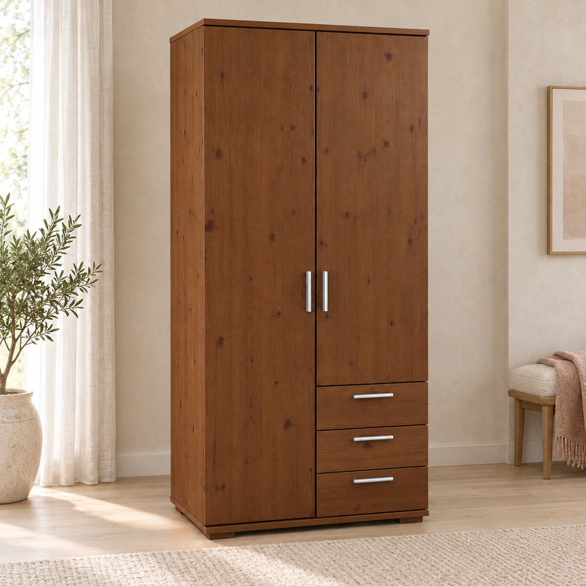 Nobis Kleiderschrank Bio Kiefer Massivholz | 2-türig mit Kleiderstange & 3 Schubladen