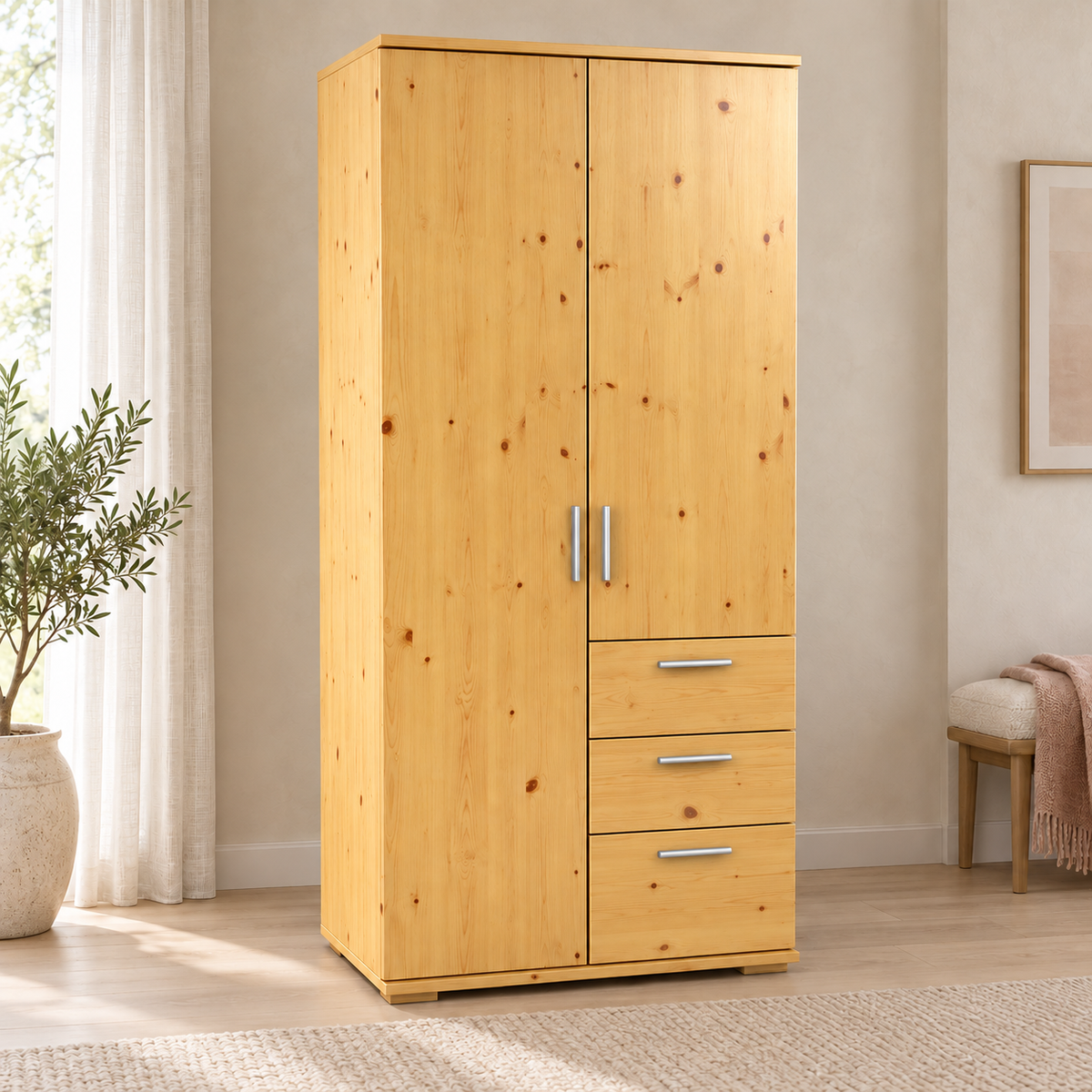 Nobis Kleiderschrank Bio Kiefer Massivholz | 2-türig mit Kleiderstange & 3 Schubladen