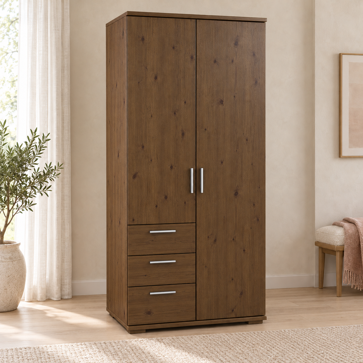 Nobis Kleiderschrank Bio Kiefer Massivholz | 2-türig mit Kleiderstange & 3 Schubladen