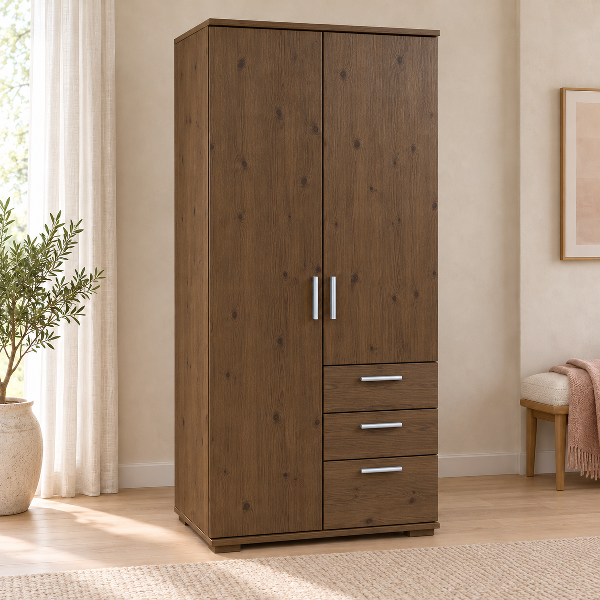 Nobis Kleiderschrank Bio Kiefer Massivholz | 2-türig mit Kleiderstange & 3 Schubladen