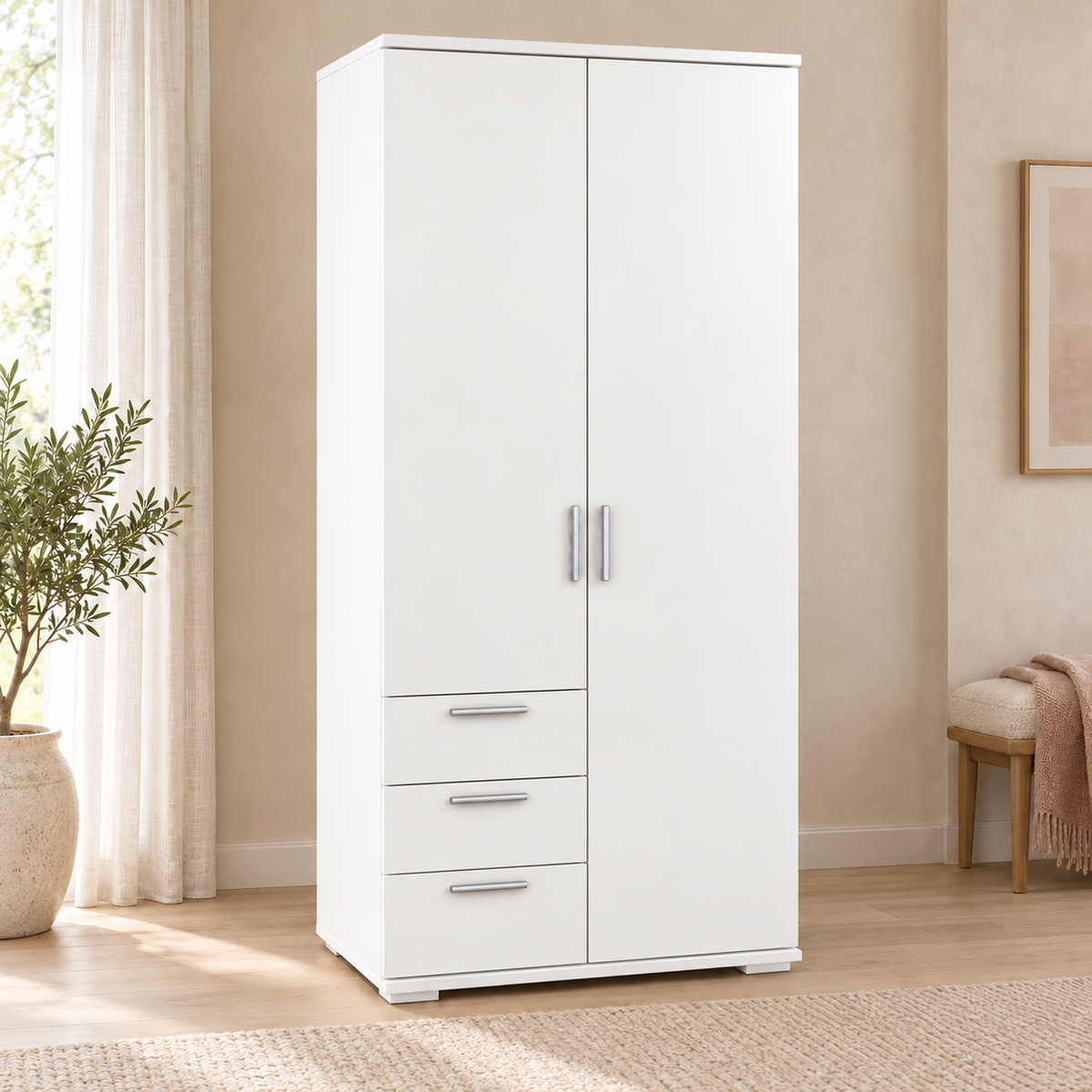 Nobis Kleiderschrank Bio Kiefer Massivholz | 2-türig mit Kleiderstange & 3 Schubladen