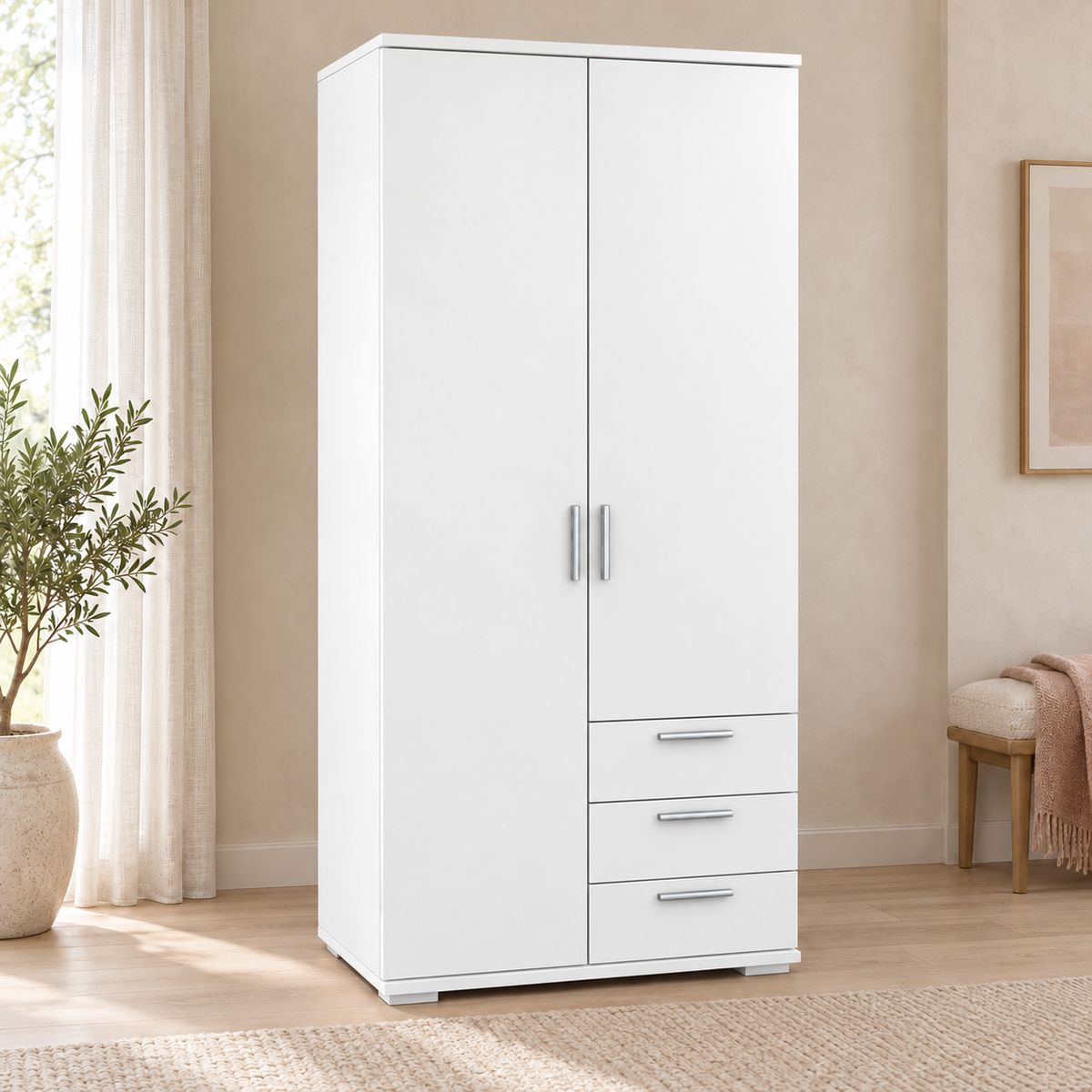 Nobis Kleiderschrank Bio Kiefer Massivholz | 2-türig mit Kleiderstange & 3 Schubladen