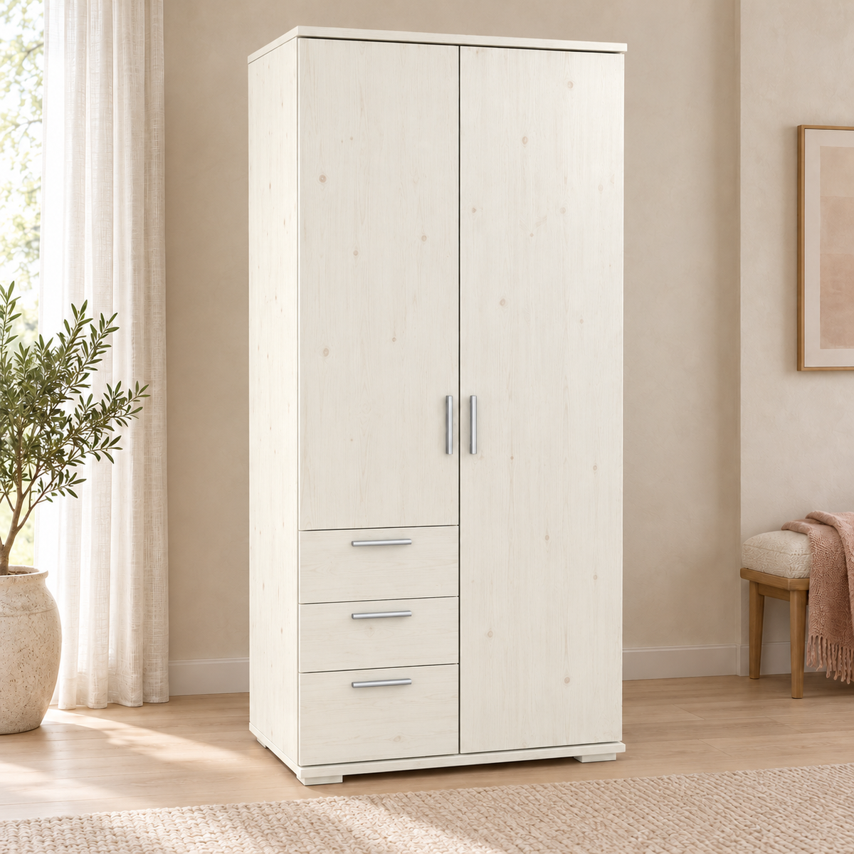 Nobis Kleiderschrank Bio Kiefer Massivholz | 2-türig mit Kleiderstange & 3 Schubladen