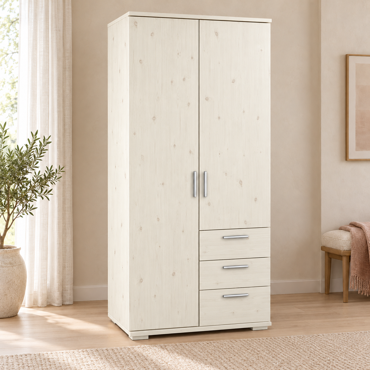 Nobis Kleiderschrank Bio Kiefer Massivholz | 2-türig mit Kleiderstange & 3 Schubladen
