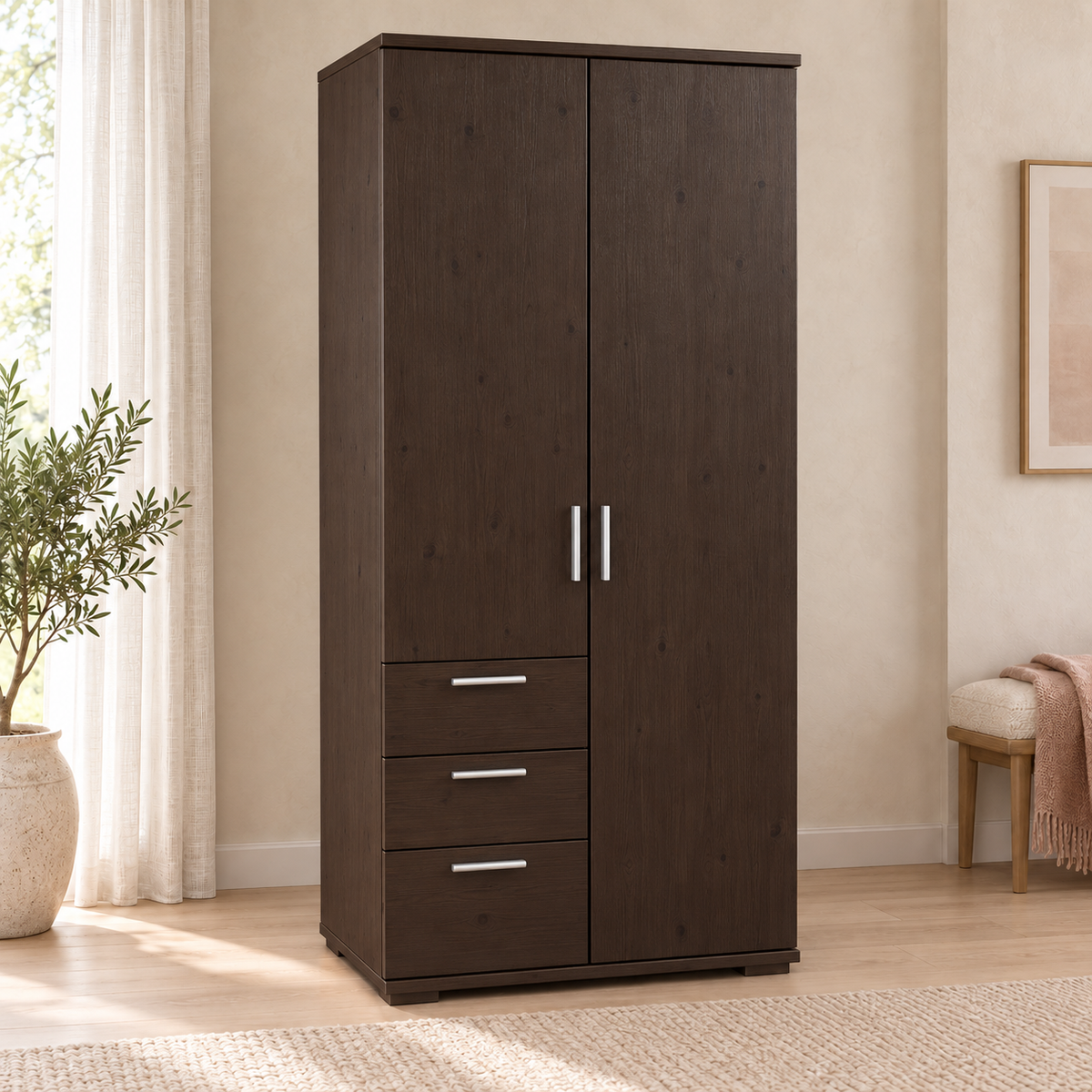 Nobis Kleiderschrank Bio Kiefer Massivholz | 2-türig mit Kleiderstange & 3 Schubladen