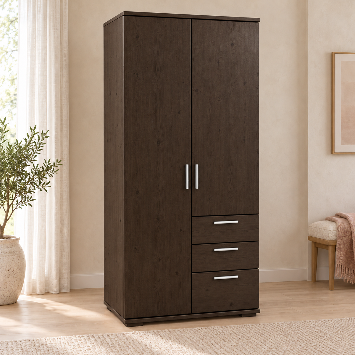 Nobis Kleiderschrank Bio Kiefer Massivholz | 2-türig mit Kleiderstange & 3 Schubladen