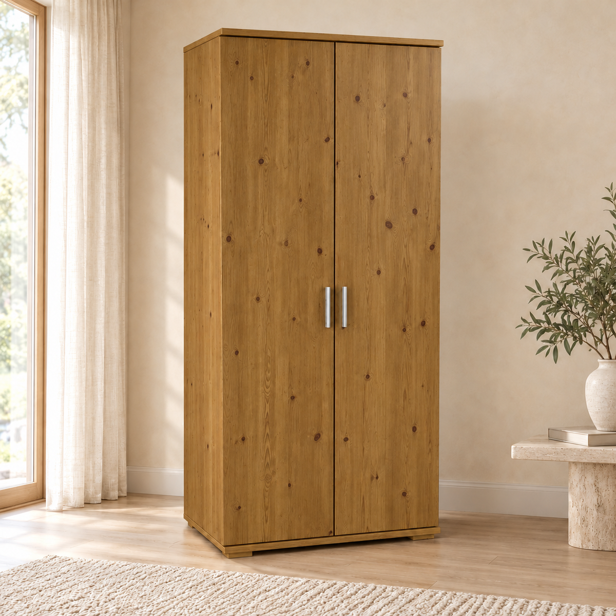 Nobis Kleiderschrank Bio Kiefer | 2-Türig mit Kleiderstange und Regalen aus 100% massivem Holz