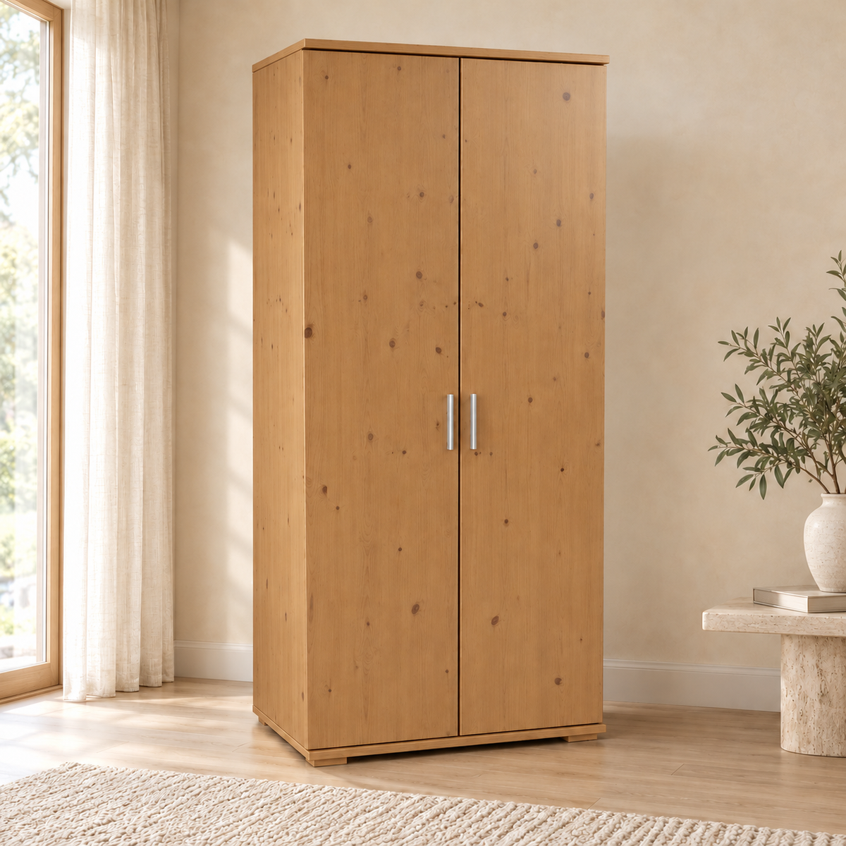 Nobis Kleiderschrank Bio Kiefer | 2-Türig mit Kleiderstange und Regalen aus 100% massivem Holz