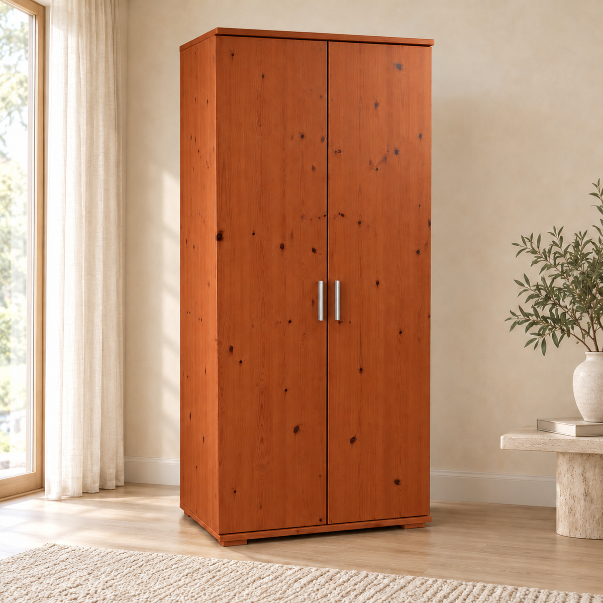 Nobis Kleiderschrank Bio Kiefer | 2-Türig mit Kleiderstange und Regalen aus 100% massivem Holz