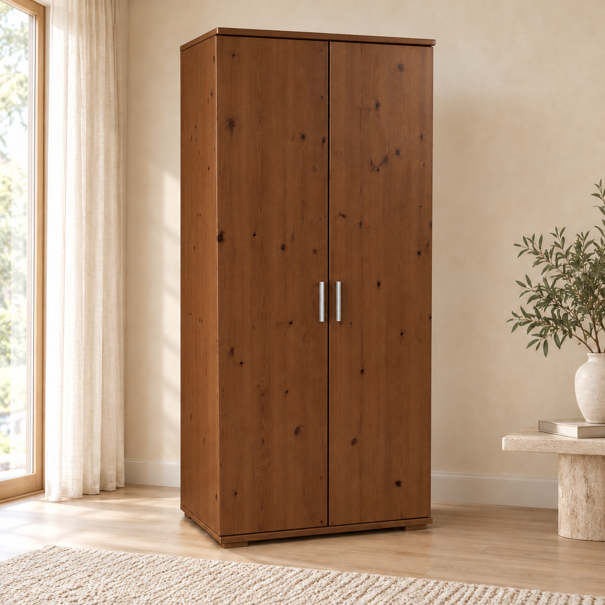 Nobis Kleiderschrank Bio Kiefer | 2-Türig mit Kleiderstange und Regalen aus 100% massivem Holz