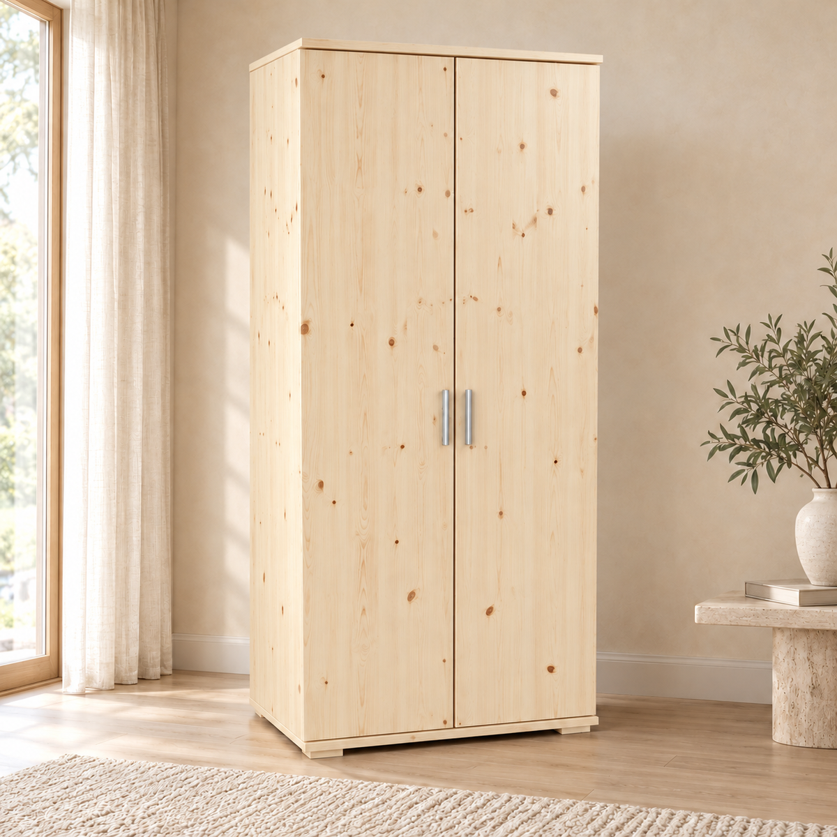 Nobis Kleiderschrank Bio Kiefer | 2-Türig mit Kleiderstange und Regalen aus 100% massivem Holz