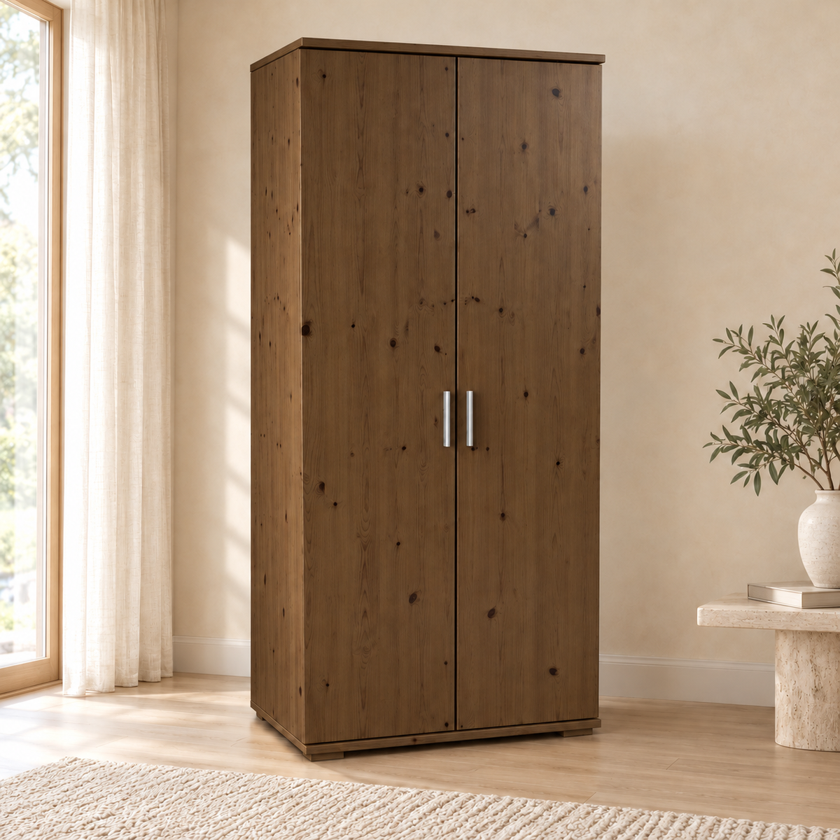 Nobis Kleiderschrank Bio Kiefer | 2-Türig mit Kleiderstange und Regalen aus 100% massivem Holz