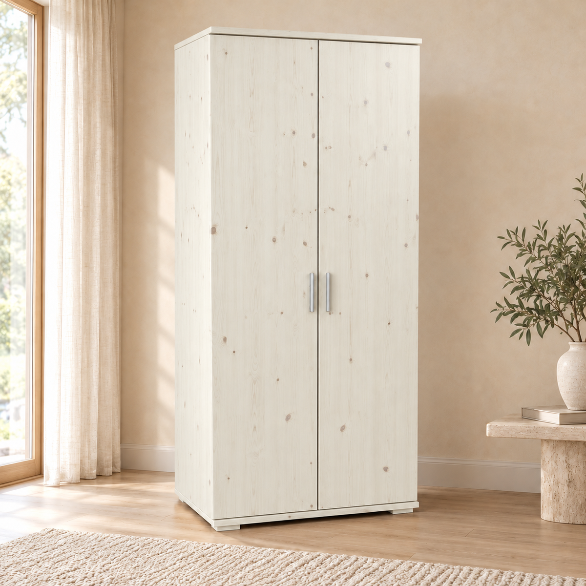 Nobis Kleiderschrank Bio Kiefer | 2-Türig mit Kleiderstange und Regalen aus 100% massivem Holz