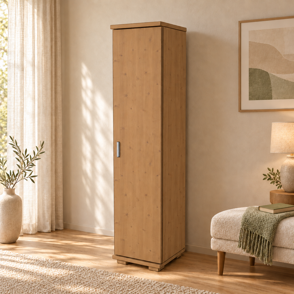 Nobis Kleiderschrank Bio Kiefer | 42 cm Tiefe 1-Türig mit Regalen aus 100% massivem Holz