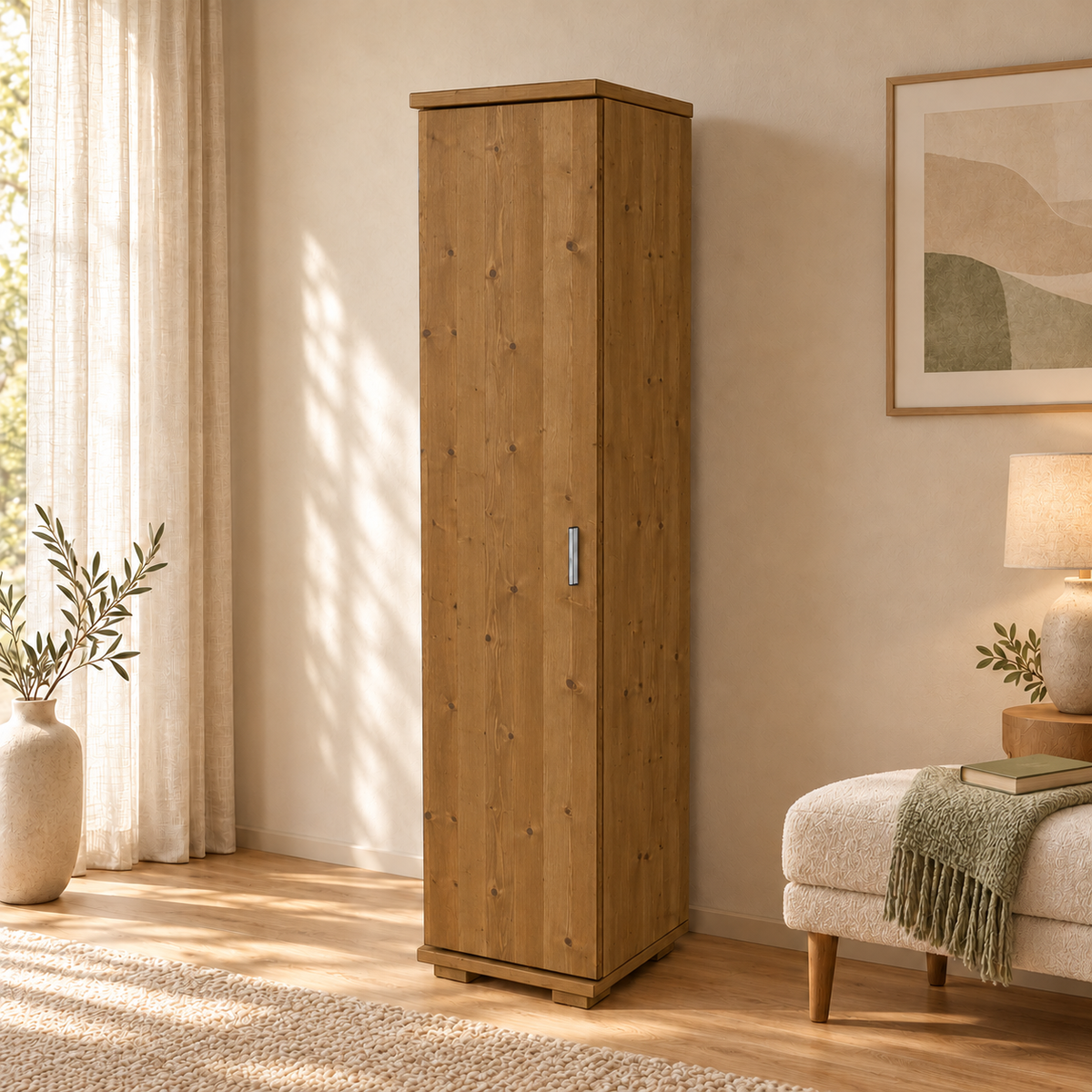 Nobis Kleiderschrank Bio Kiefer | 42 cm Tiefe 1-Türig mit Kleiderstange aus 100% Bio Kiefer Massivholz