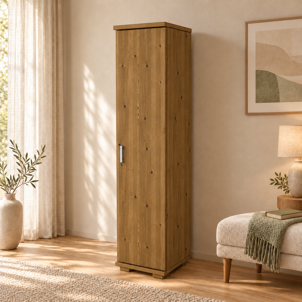 Nobis Kleiderschrank Bio Kiefer | 42 cm Tiefe 1-Türig mit Kleiderstange aus 100% Bio Kiefer Massivholz