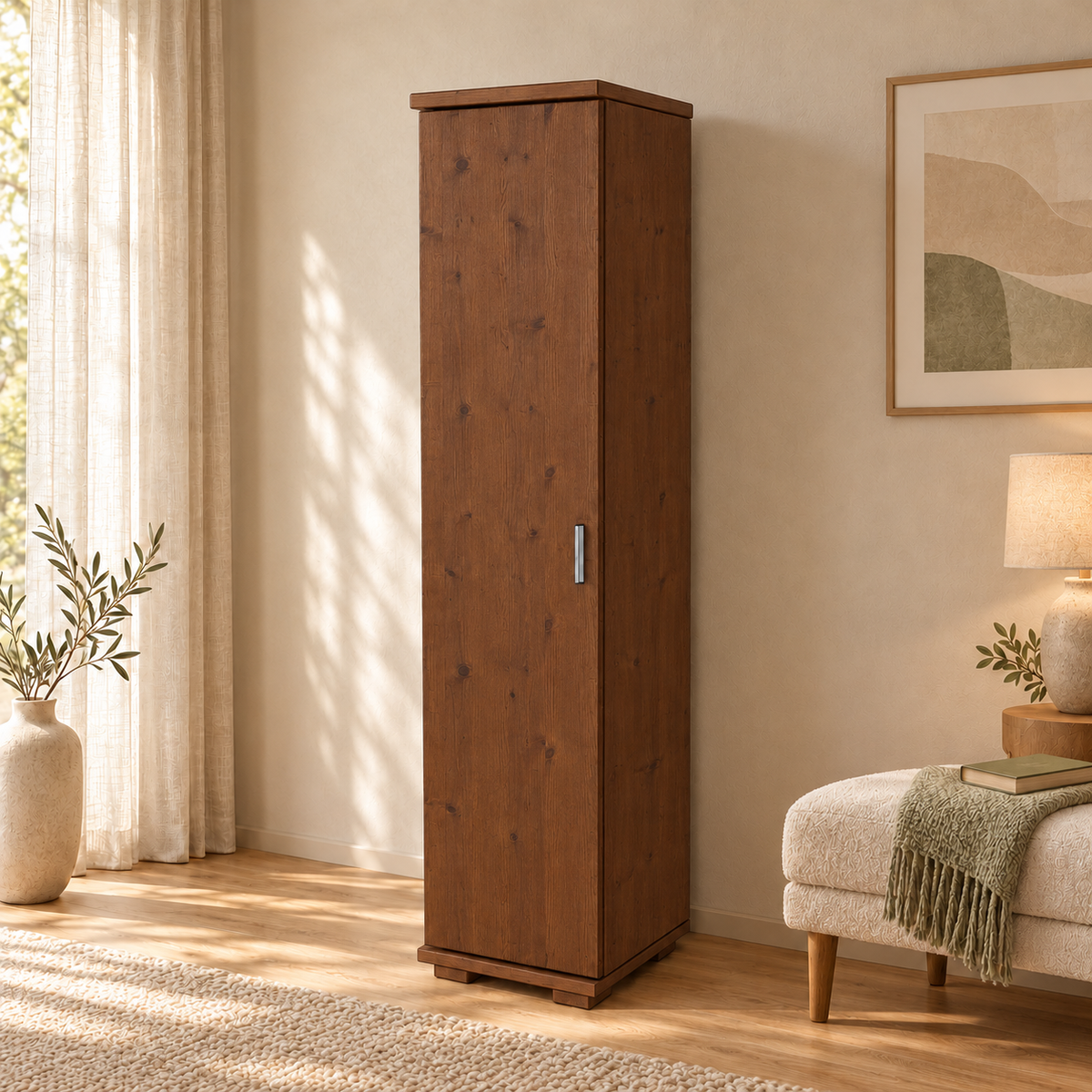 Nobis Kleiderschrank Bio Kiefer | 42 cm Tiefe 1-Türig mit Kleiderstange aus 100% Bio Kiefer Massivholz