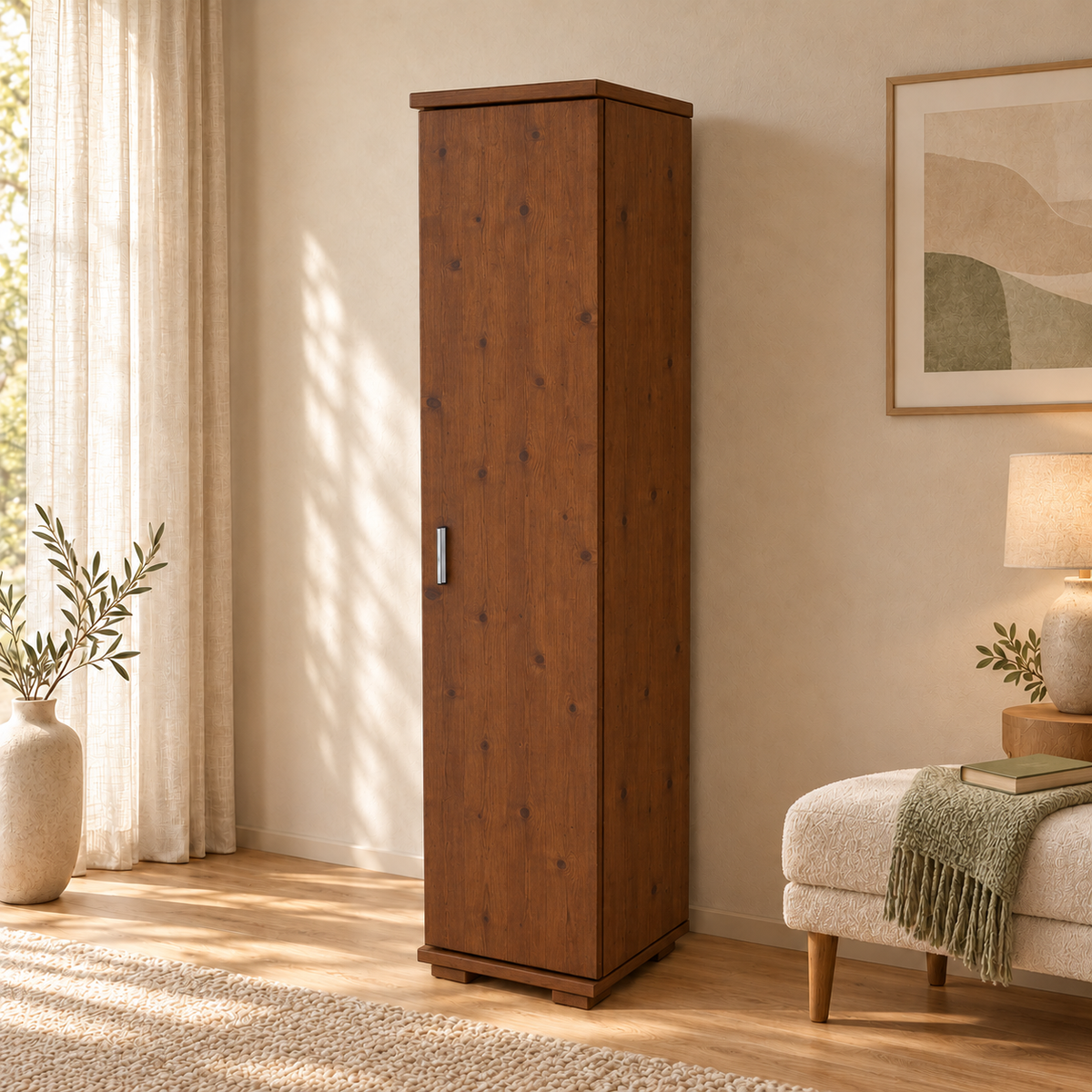 Nobis Kleiderschrank Bio Kiefer | 42 cm Tiefe 1-Türig mit Kleiderstange aus 100% Bio Kiefer Massivholz