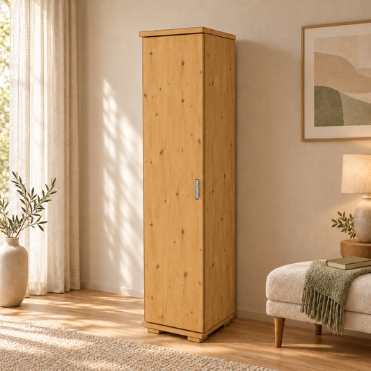 Nobis Kleiderschrank Bio Kiefer | 42 cm Tiefe 1-Türig mit Kleiderstange aus 100% Bio Kiefer Massivholz